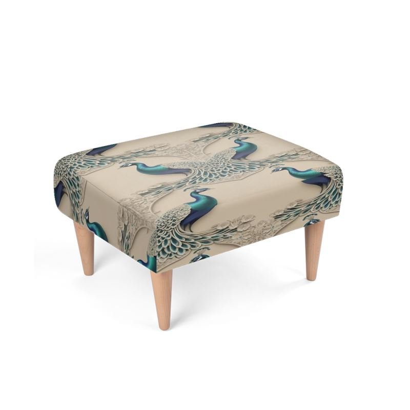 Velour-upholstered peacock-print footstool with plush cushioning for living room or bedroom — alternate view