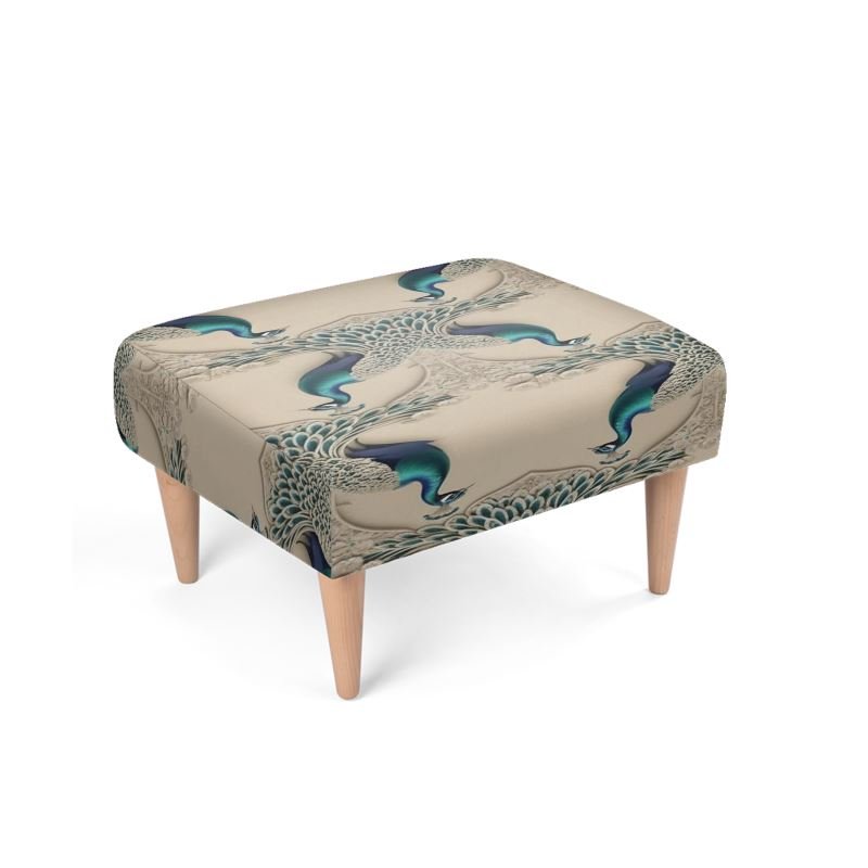 Velour-upholstered peacock-print footstool with plush cushioning for living room or bedroom — product detail
