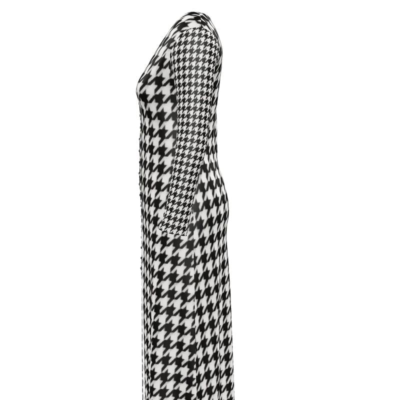Black and white houndstooth button-through women's cardigan in jersey knit — rear view
