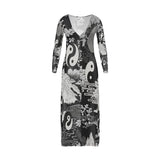 Black and white ladies V-neck cardigan with feng shui motif and button-through front — alternate view