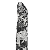 Black and white ladies V-neck cardigan with feng shui motif and button-through front — side view