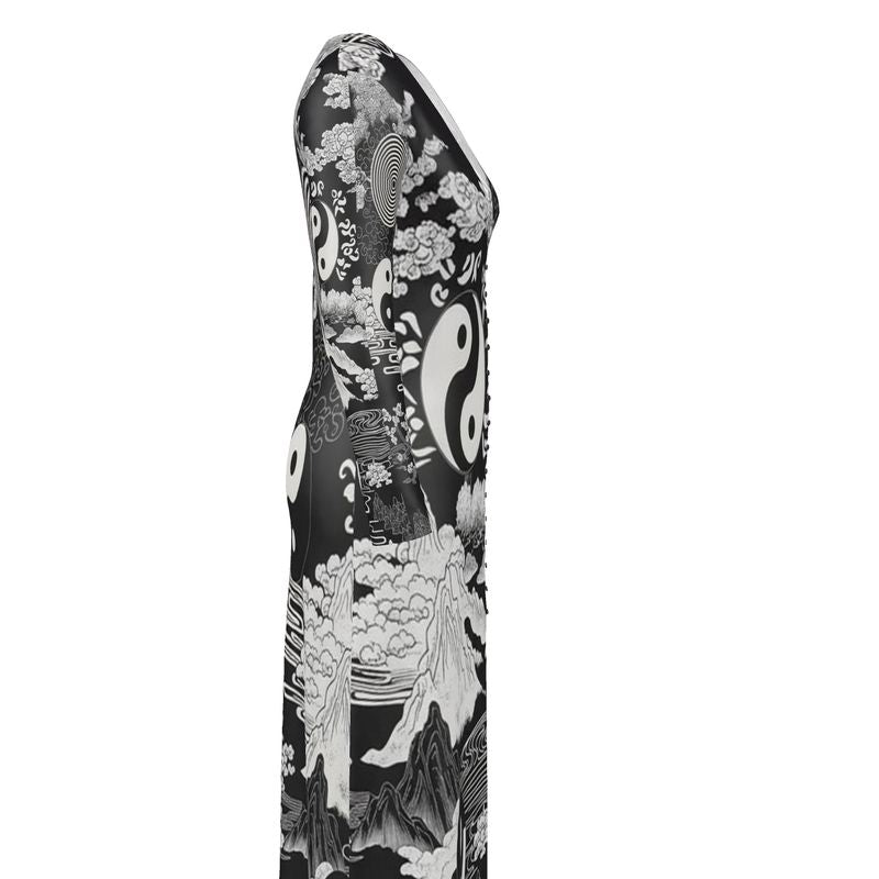 Black and white ladies V-neck cardigan with feng shui motif and button-through front — side view