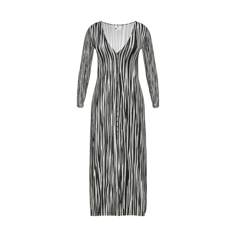 Black and white striped ladies cardigan with V-neck and button-through front — alternate view
