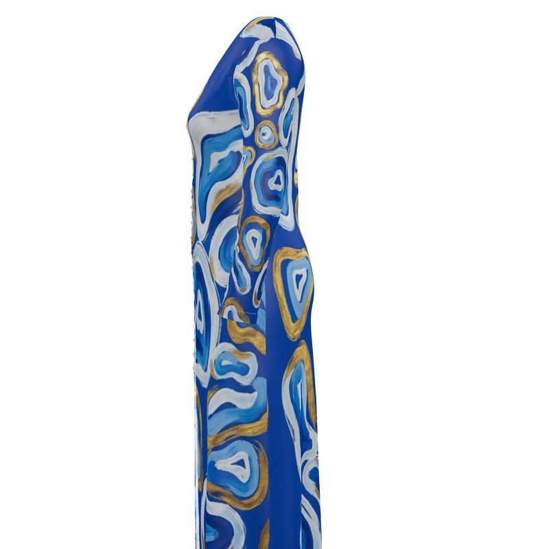 Ladies cardigan with blue abstract pattern, suitable for layering and versatile styling — rear view
