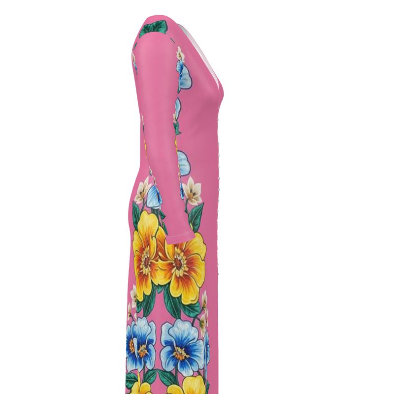 Pink floral ladies cardigan with vivid blossom pattern and soft fabric for cozy layering — side view