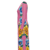 Pink floral ladies cardigan with vivid blossom pattern and soft fabric for cozy layering — rear view