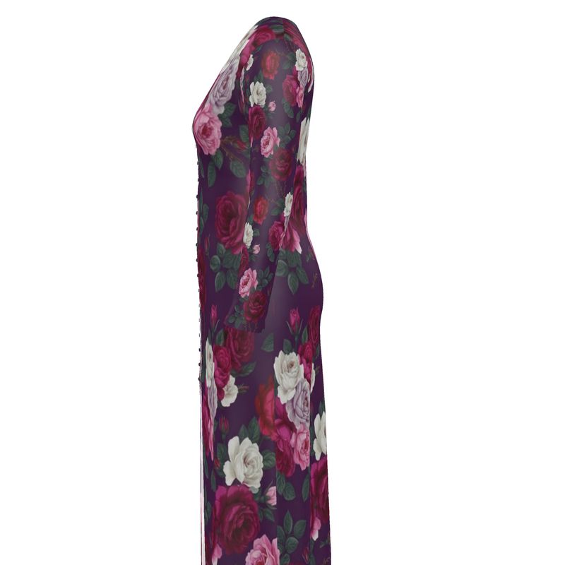 Purple floral V-neck ladies cardigan with button-through front and intricate floral pattern — rear view