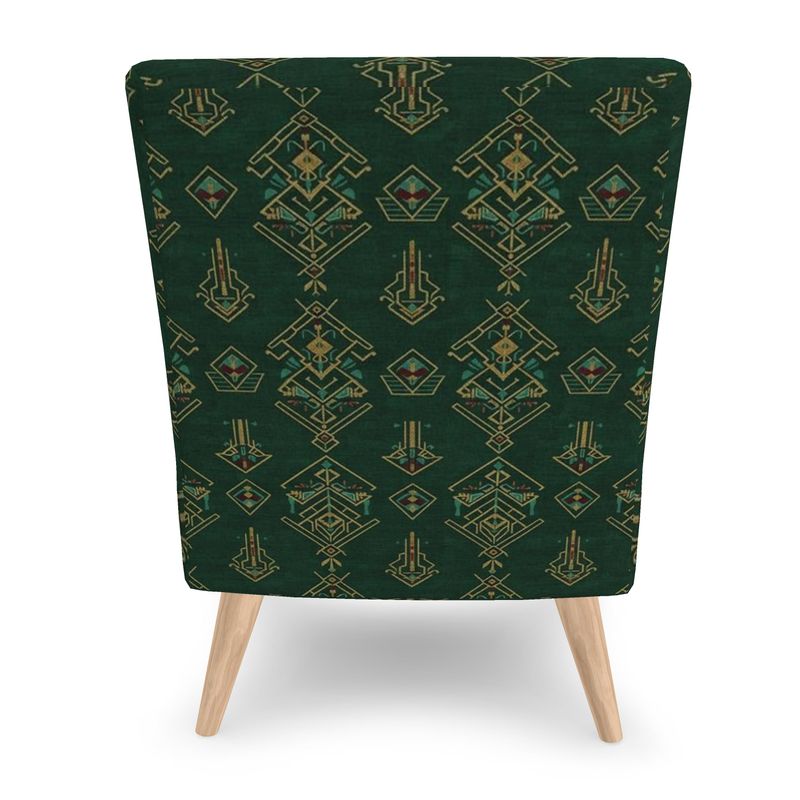 Hunter green asymmetrical occasional armchair upholstered in plush velour with tapered wooden legs — side view