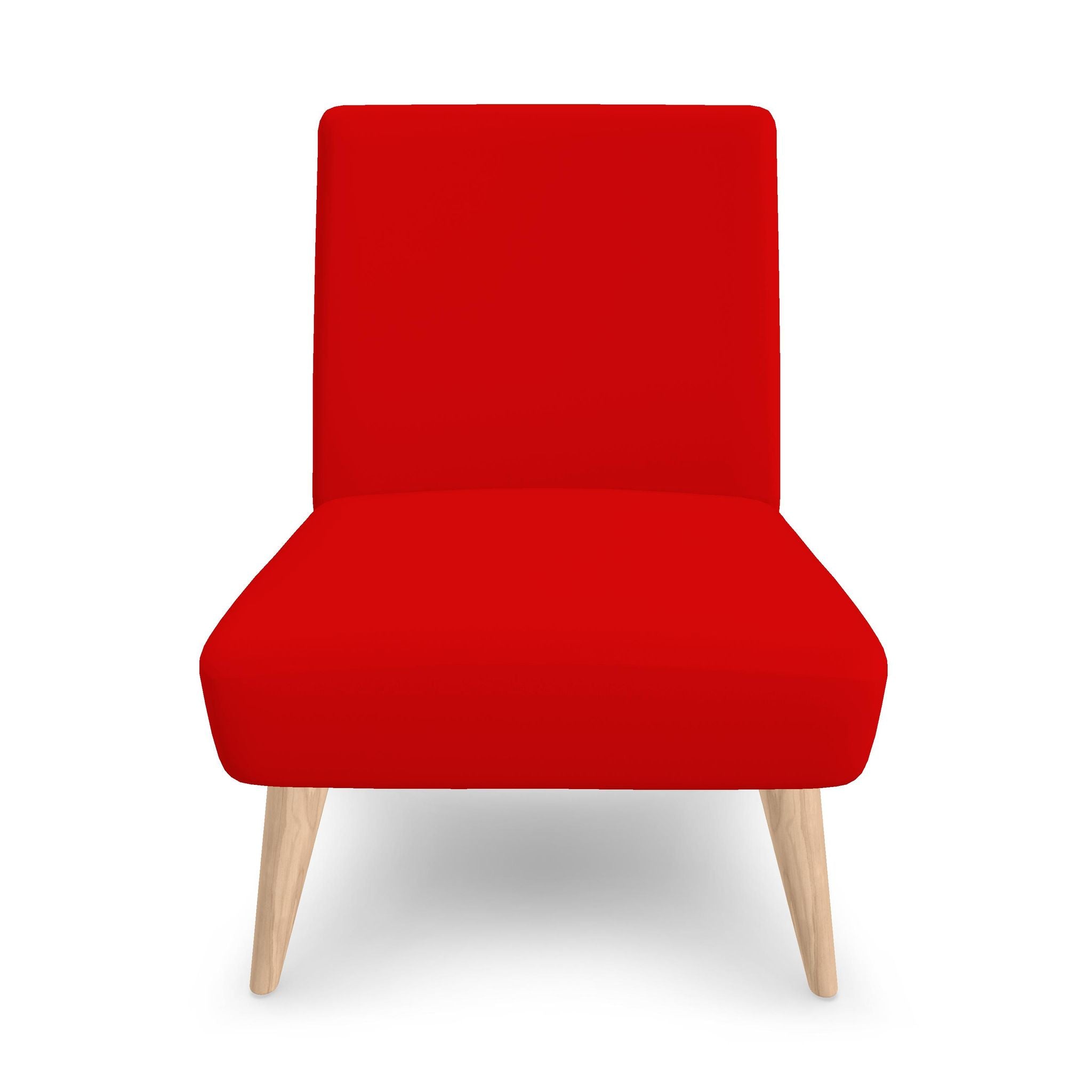 Red upholstered occasional chair with plush velour fabric and natural beech wood legs