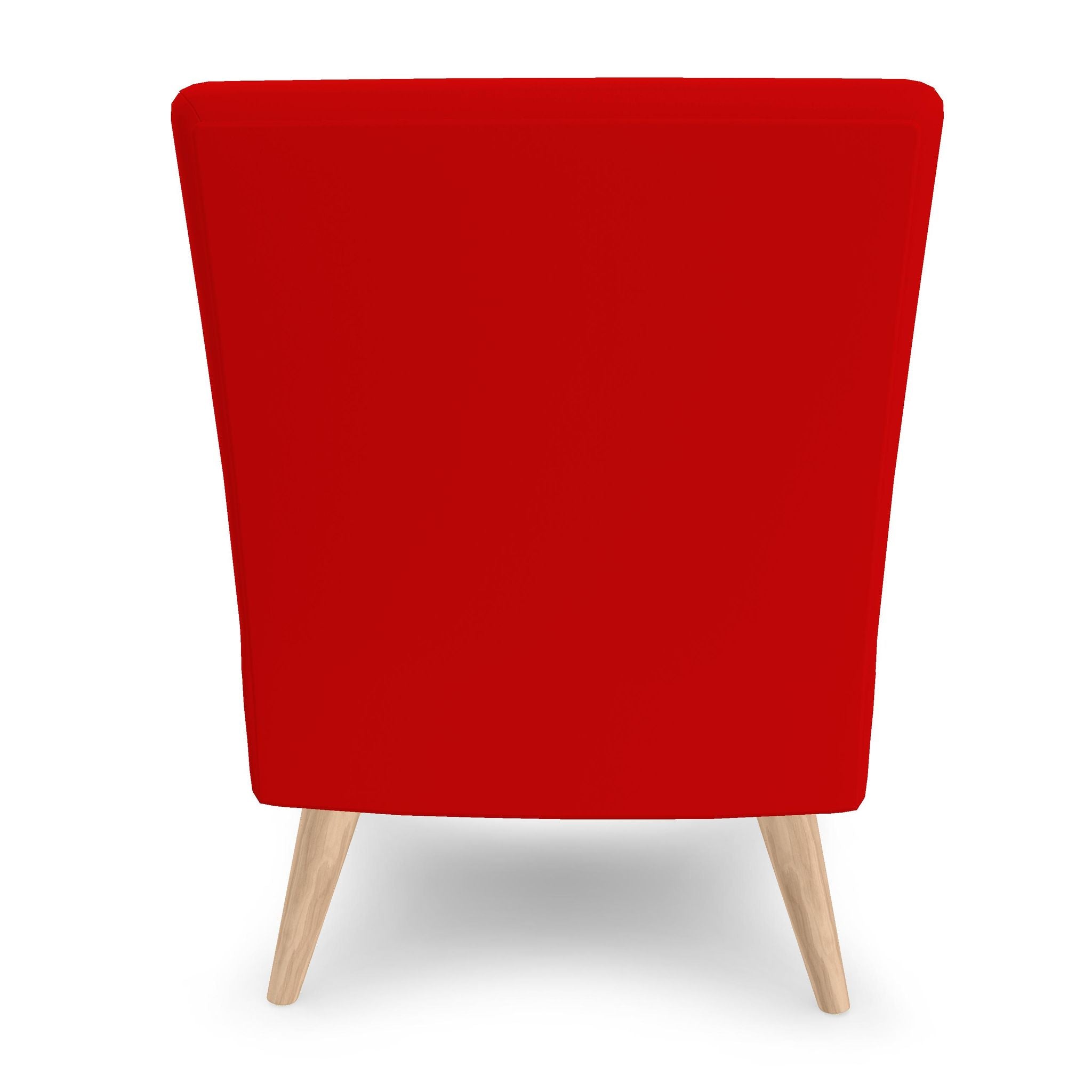 Red upholstered occasional chair with plush velour fabric and natural beech wood legs — product detail