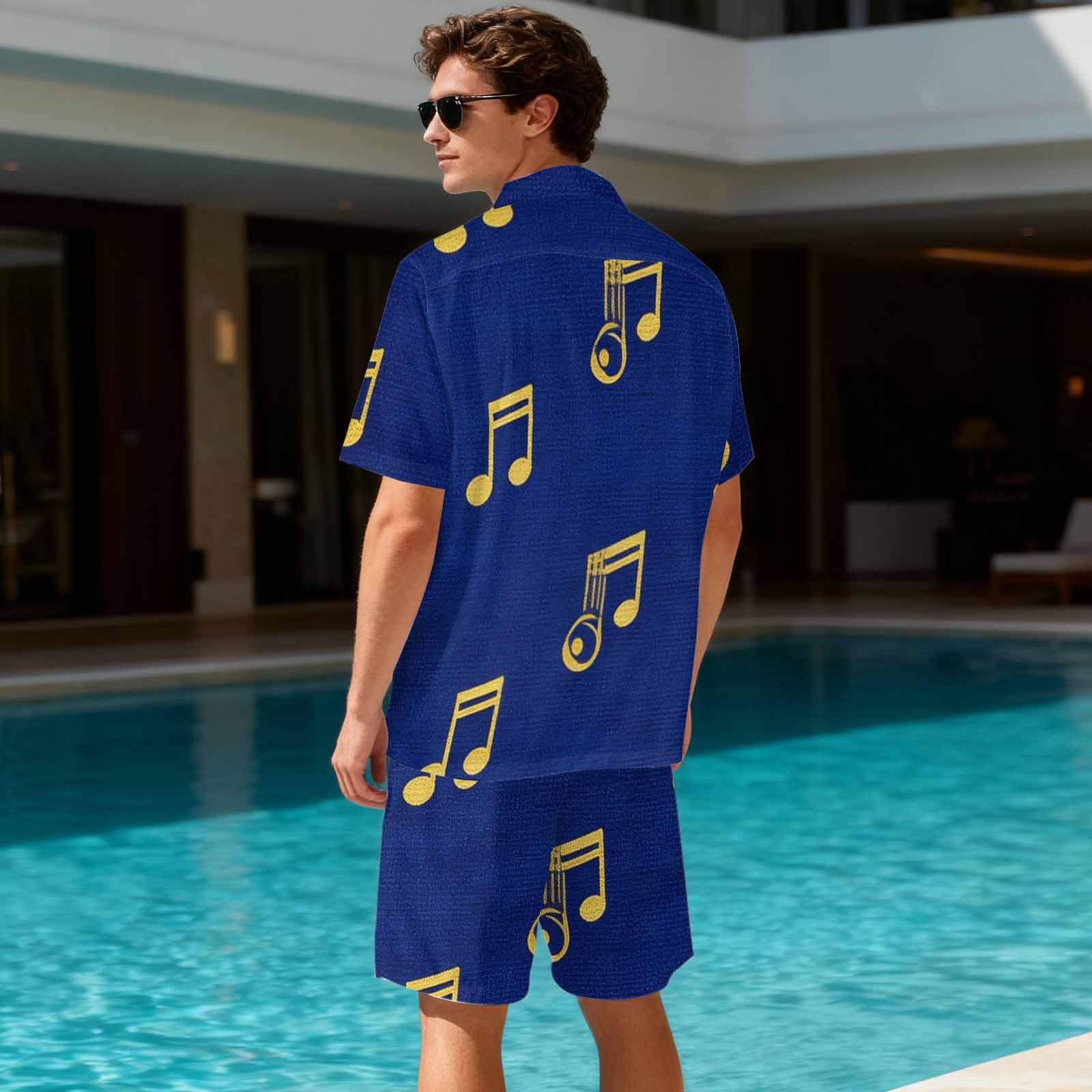 Rich and Rich Blue Musical Notes Men’s Shirt and Shorts Outfit | Casual Matching Set