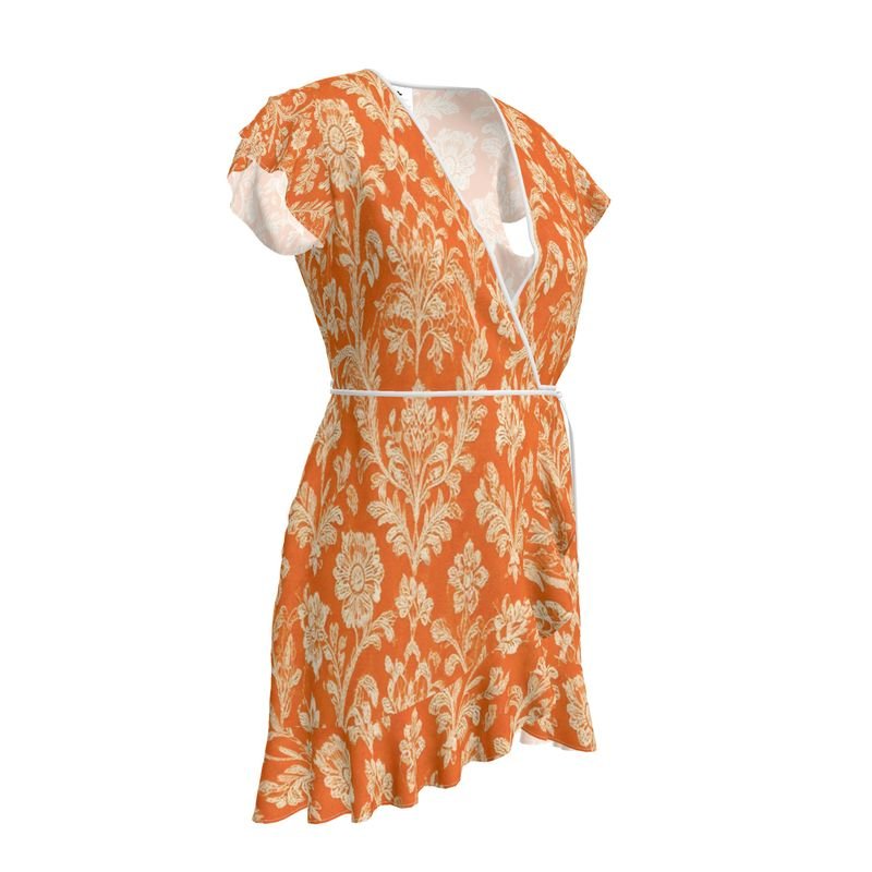 Orange floral tea dress with flounce hem and waist tie — rear view