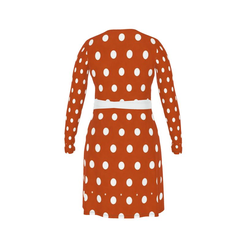 Orange polka dot long-sleeve wrap dress with V-neck and belt tie — additional view 12