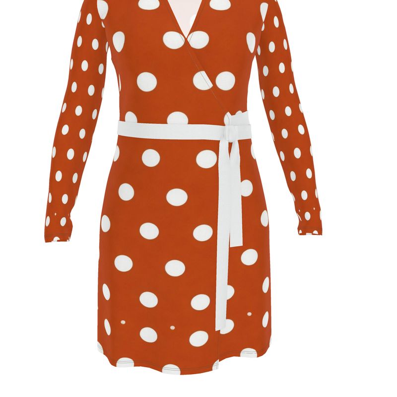 Orange polka dot long-sleeve wrap dress with V-neck and belt tie — additional view 13