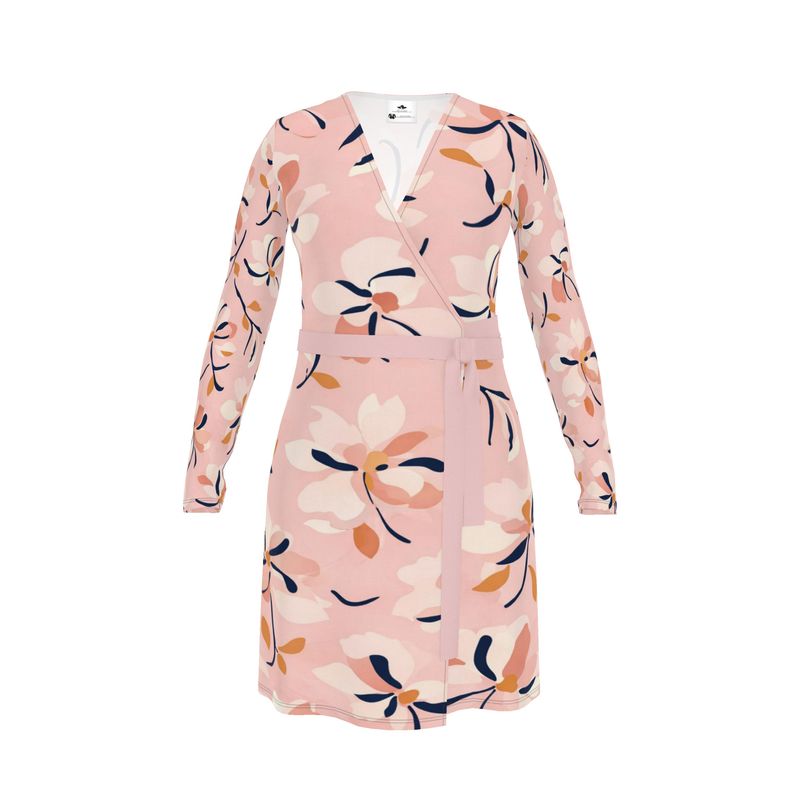 Pink floral wrap dress with V-neck and adjustable belt tie — side view