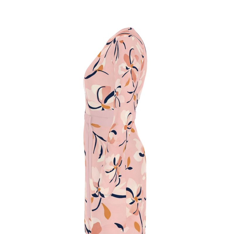 Pink floral wrap dress with V-neck and adjustable belt tie — rear view