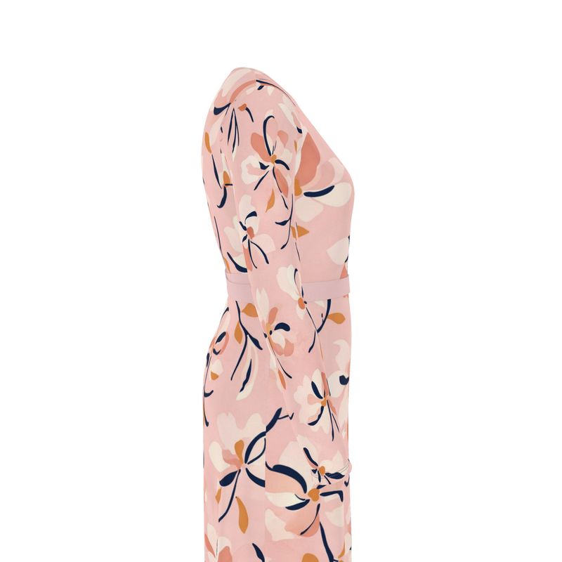 Pink floral wrap dress with V-neck and adjustable belt tie — additional view 6