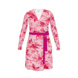 Fuchsia floral wrap dress with V-neck and belt tie, long sleeves — side view