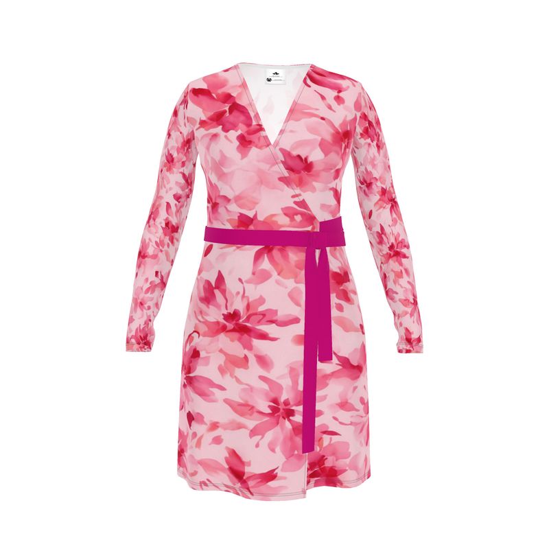 Fuchsia floral wrap dress with V-neck and belt tie, long sleeves — side view