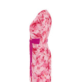 Fuchsia floral wrap dress with V-neck and belt tie, long sleeves — rear view