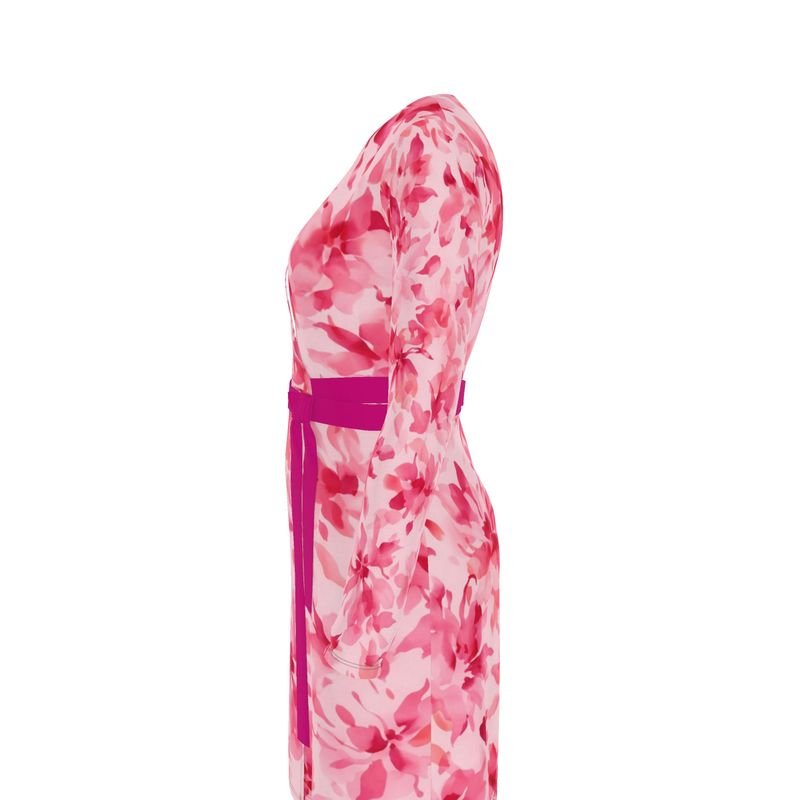 Fuchsia floral wrap dress with V-neck and belt tie, long sleeves — rear view