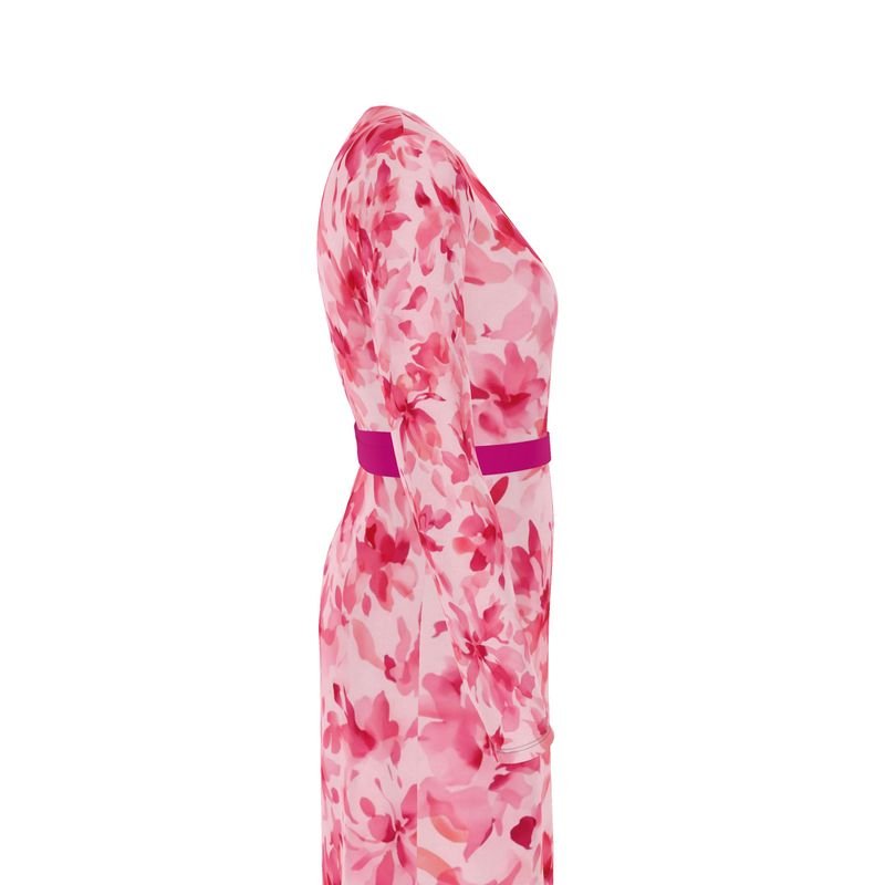 Fuchsia floral wrap dress with V-neck and belt tie, long sleeves — additional view 6