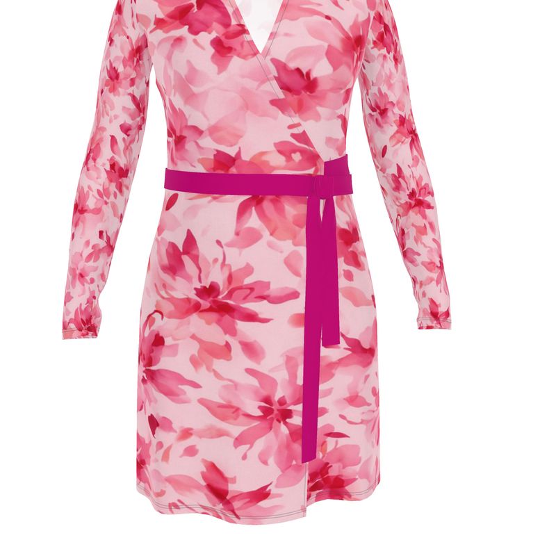 Fuchsia floral wrap dress with V-neck and belt tie, long sleeves — additional view 8