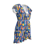 Women's tea dress with blue abstract print and flounce hem — rear view