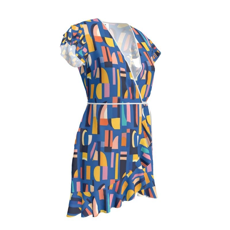 Women's tea dress with blue abstract print and flounce hem — rear view