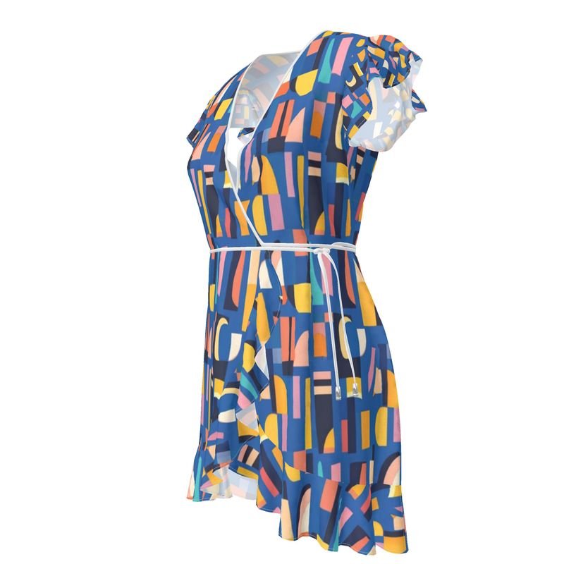 Women's tea dress with blue abstract print and flounce hem — additional view 6