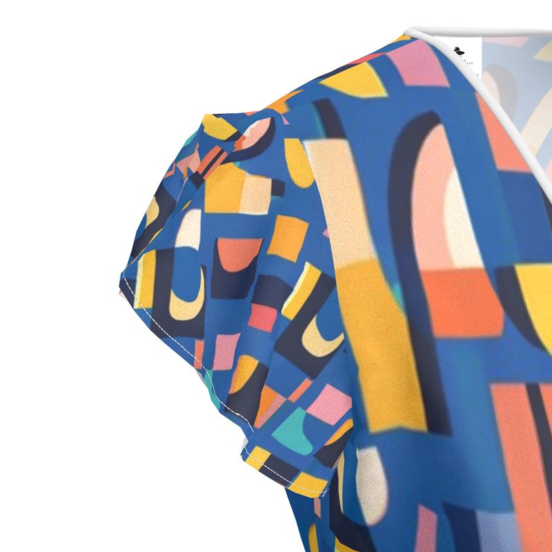 Women's tea dress with blue abstract print and flounce hem — additional view 8