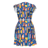 Women's tea dress with blue abstract print and flounce hem — additional view 9
