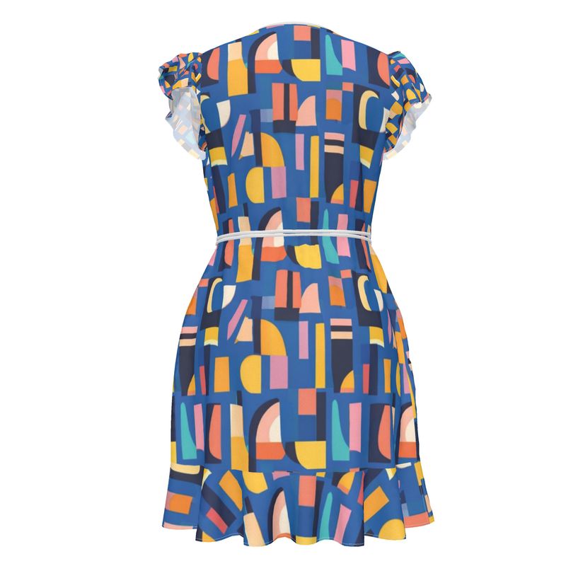 Women's tea dress with blue abstract print and flounce hem — additional view 9