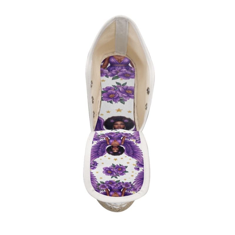 Purple wedge espadrilles with angel wings print, purple flowers and gold star accents on canvas — side view