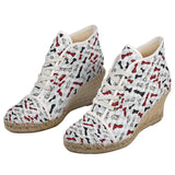 White canvas wedge espadrilles with black, white and red chess piece print and jute sole — product detail