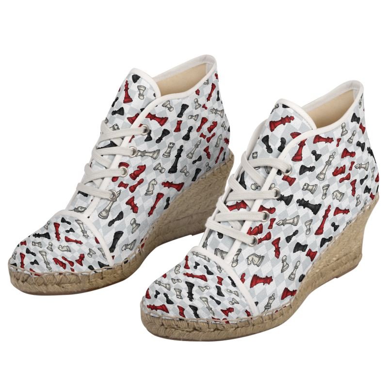 White canvas wedge espadrilles with black, white and red chess piece print and jute sole — product detail