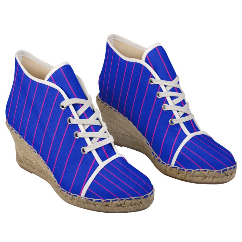 Rich & Rich Ladies Pinstripe Wedge Espadrilles | Royal Blue Pink Women's Shoes
