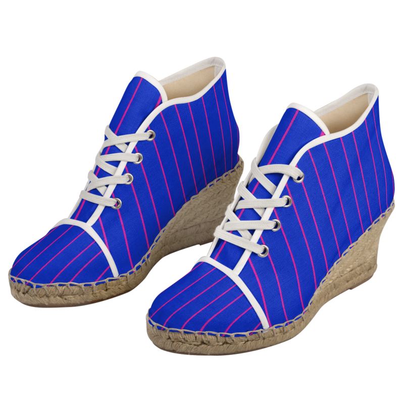 Rich & Rich Ladies Pinstripe Wedge Espadrilles | Royal Blue Pink Women's Shoes