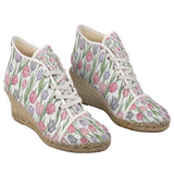 Canvas wedge espadrilles with pink, gray and lavender tulip print and natural jute sole — alternate view