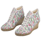 Canvas wedge espadrilles with pink, gray and lavender tulip print and natural jute sole — product detail