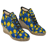 Royal blue canvas wedge espadrilles with royal blue and yellow rose print, jute platform and white laces — alternate view