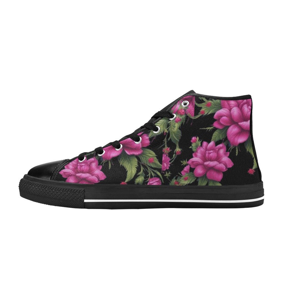 Women's high-top canvas shoes with fuchsia rose print, lace-up front and rubber outsole — alternate view