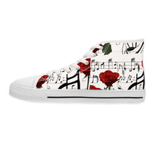 Load image into Gallery viewer, R&amp;RH Elegant Music Note High Top White Sneakers with Rose Design
