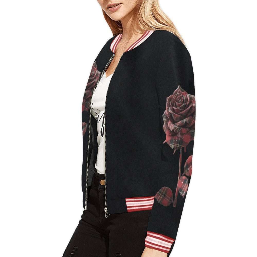 Red plaid rose women's bomber jacket with ribbed collar and zipper front — side view