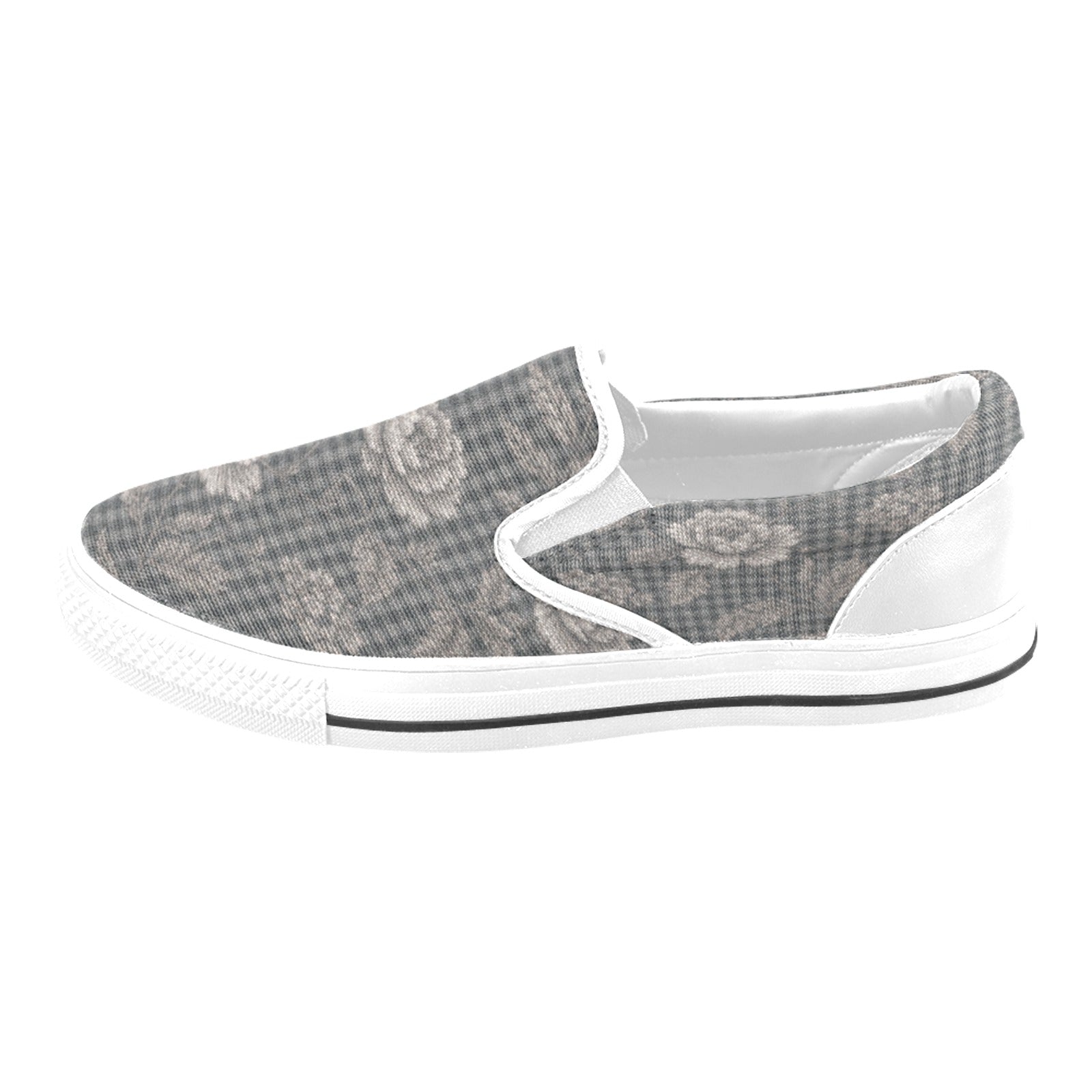 Gray floral men's canvas slip-on shoe with cushioned footbed and elastic side goring — additional view 6