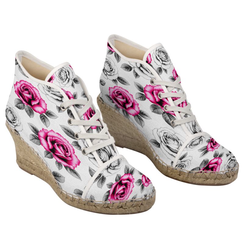 Rich and Rich Pink Rose Floral Ladies Wedge Espadrilles | Designer Floral Platform Boots
