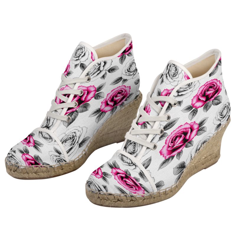 Rich and Rich Pink Rose Floral Ladies Wedge Espadrilles | Designer Floral Platform Boots