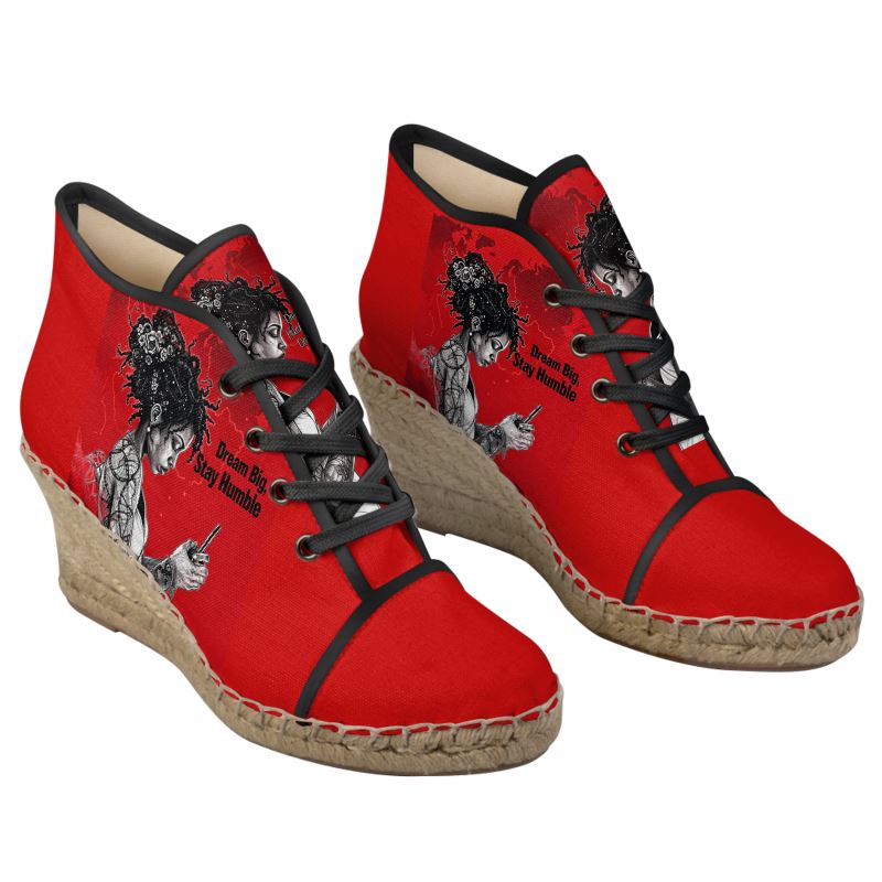 R&RH Women’s Caricature Red Wedge Espadrilles | Designer Jute Platform Shoes