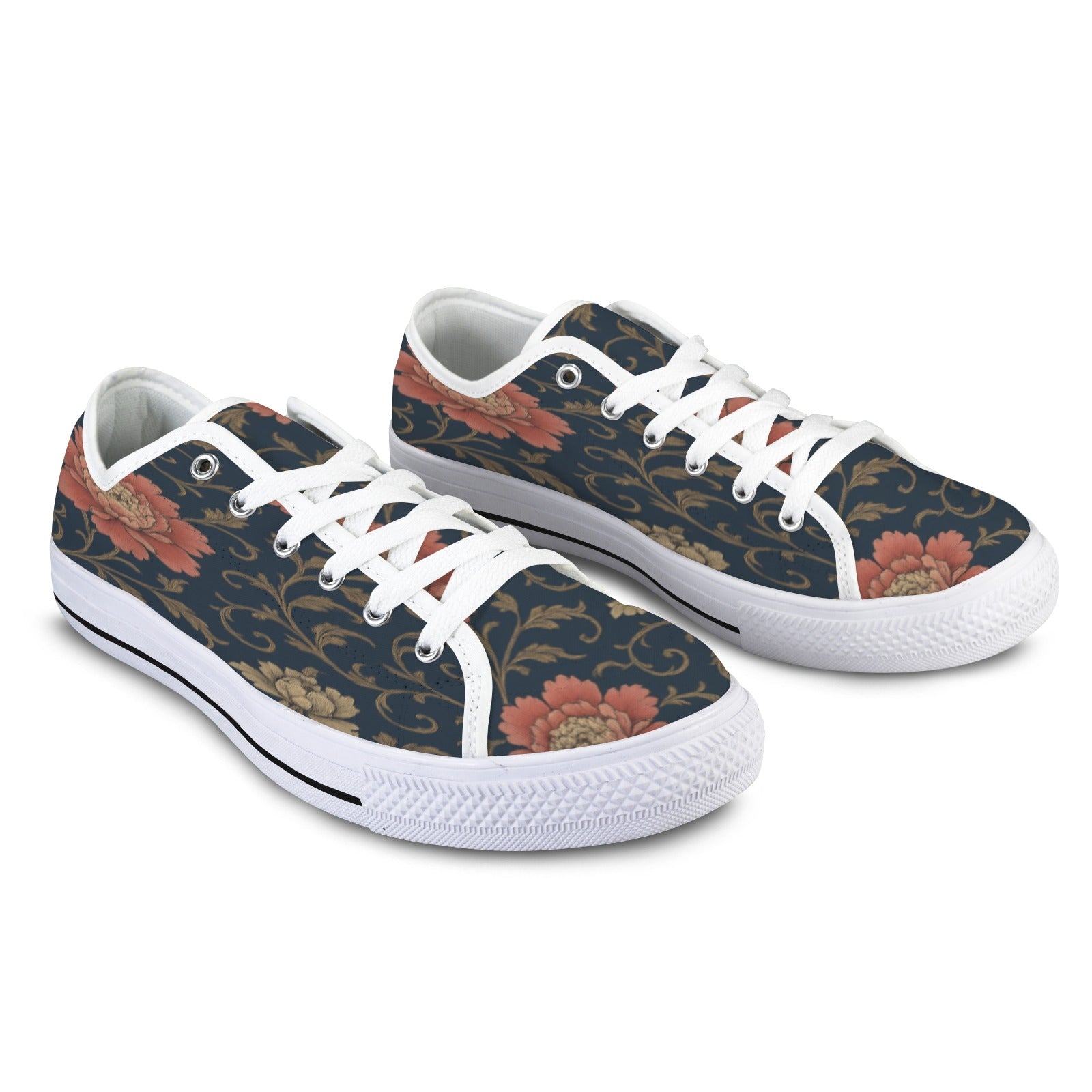 Blue floral low-top women's canvas sneaker with mesh and EVA insole and rubber outsole — side view