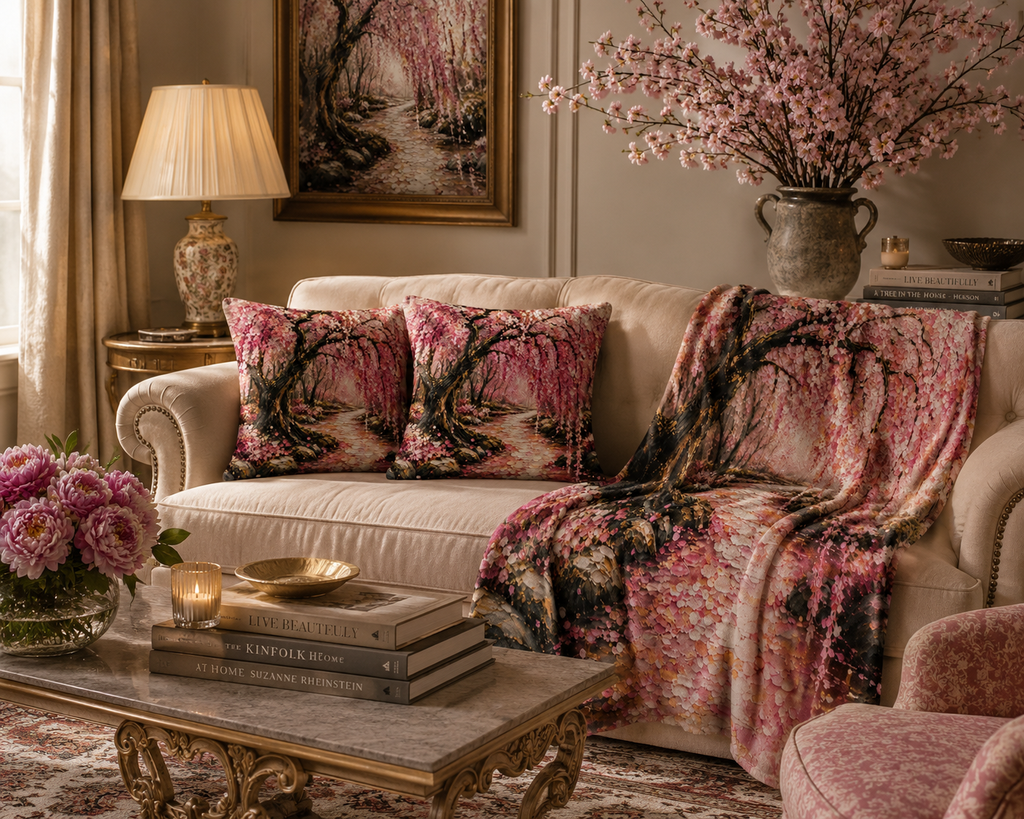 Japanese Cherry Blossom Linen Pillow 18 x 18 inch Set of 2